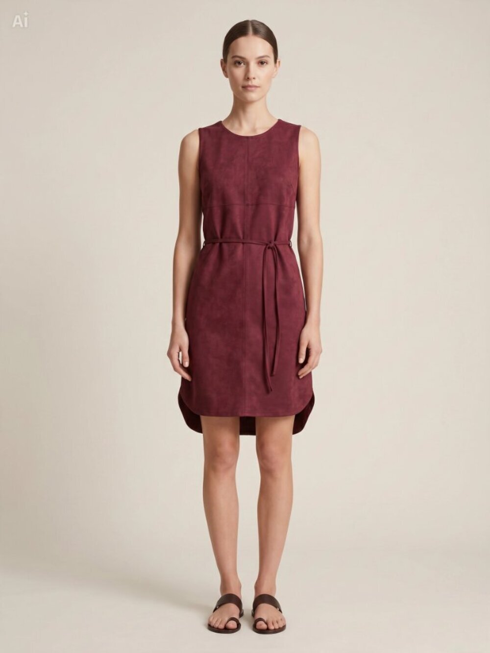 ONLY Burgundy Faux Suede Sleeveless Tie Waist Curved Hem Dress